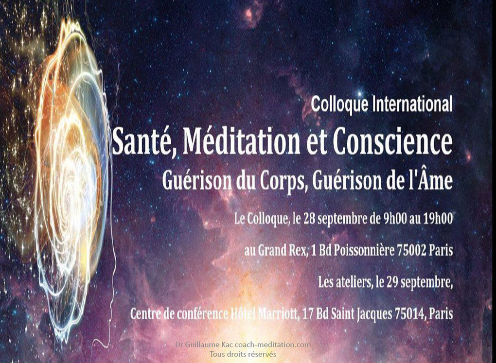 Affiche du Colloque Santé, Méditation et Conscience du 28/09/2019, illustrant la réunion et la discussion sur les liens entre la santé, la méditation et la conscience.