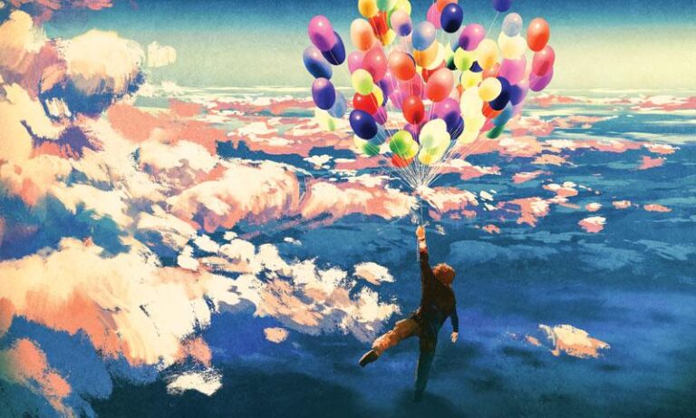 Un enfant joyeux tenant des ballons dans le ciel, symbolisant la quête du bonheur et suggérant que le bonheur peut être trouvé là où on ne l'attend pas.
