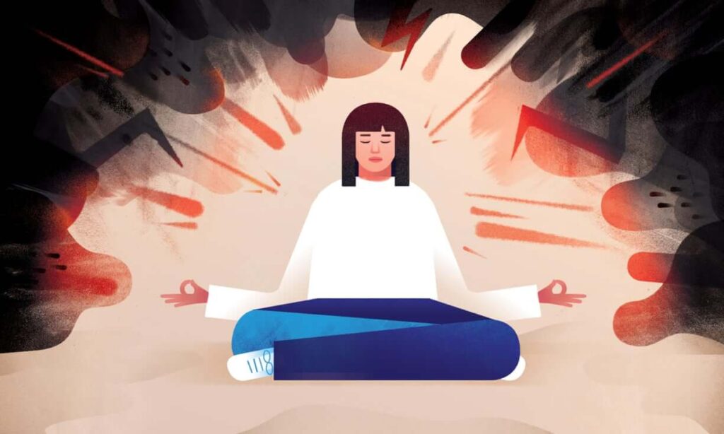 Illustration d'une personne en méditation de pleine conscience, utilisant cette pratique pour soulager les douleurs chroniques et favoriser le bien-être.