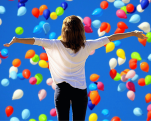 femme de dos au milieu de ballons optimiste dans la vie