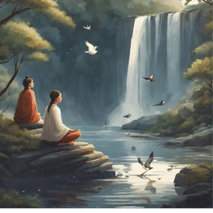 femme et homme qui meditent dans la nature a cote d'une cascade