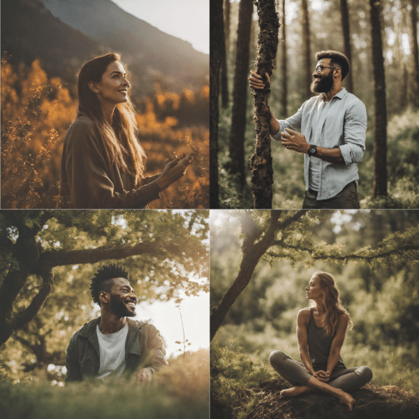 femmes et hommes cultivant la positivité dans la nature